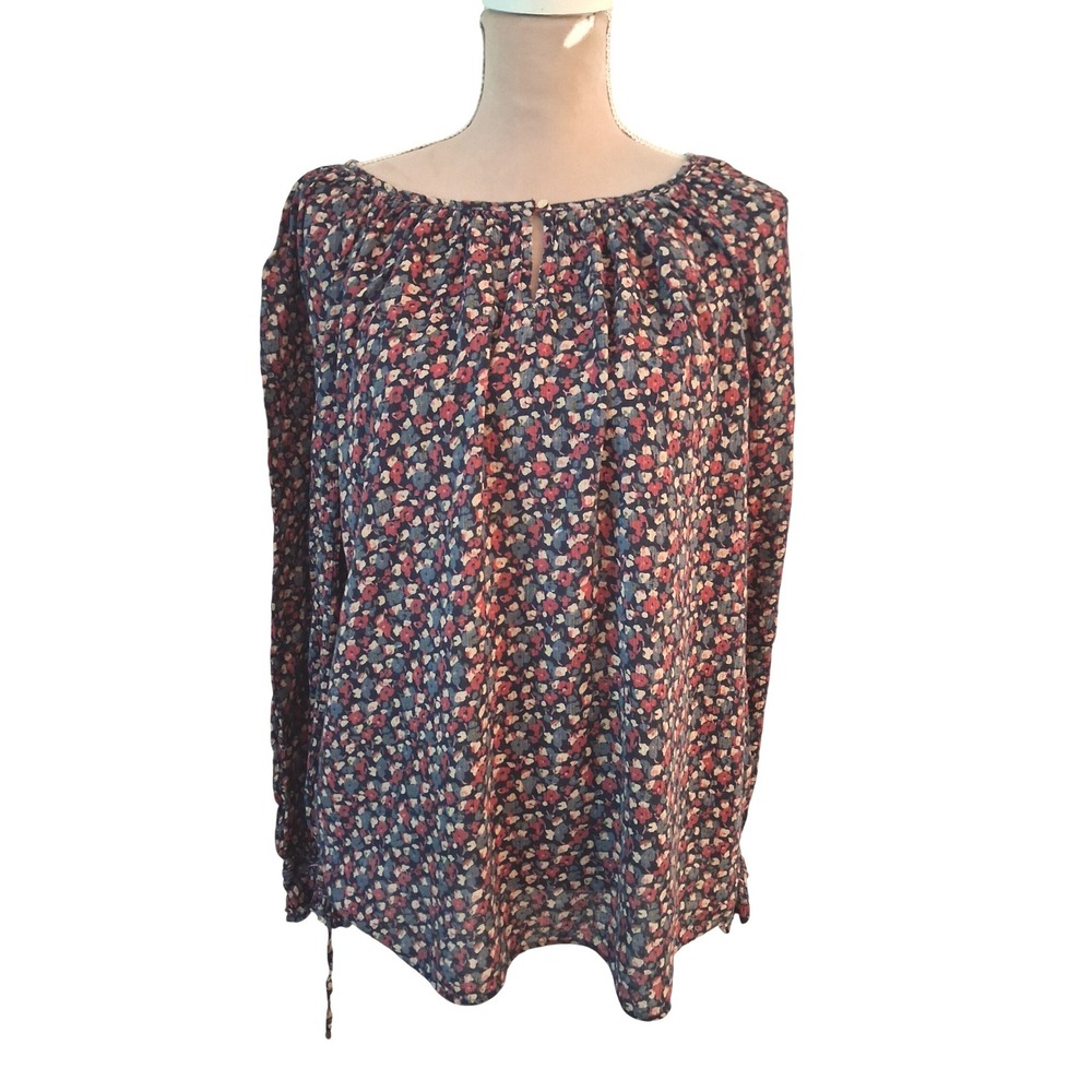 Chaps Womens XL Navy Blue Red Floral Long Sleeve Peasant Blouse Keyhole Top
